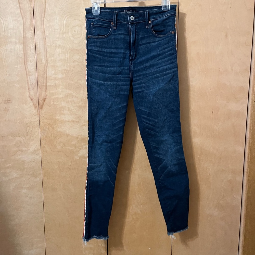 Abercrombie & Fitch High Rise Tuxedo Striped Ankle Jeans with Raw Hem